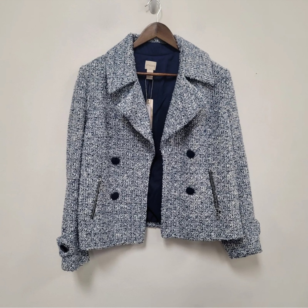 Chicos Womens Textured Blazer Size 1 Blue White Double Breasted Zip Pocket NWT